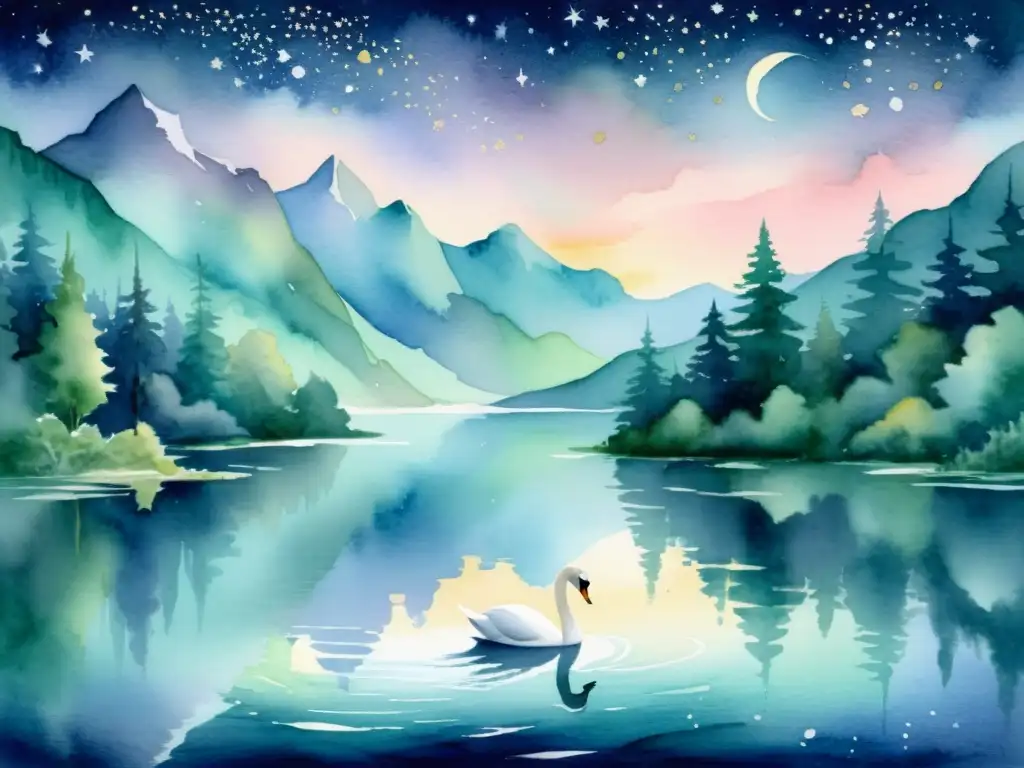 Una pintura acuarela muestra un lago sereno bajo la luna, rodeado de montañas, bosques y un cisne