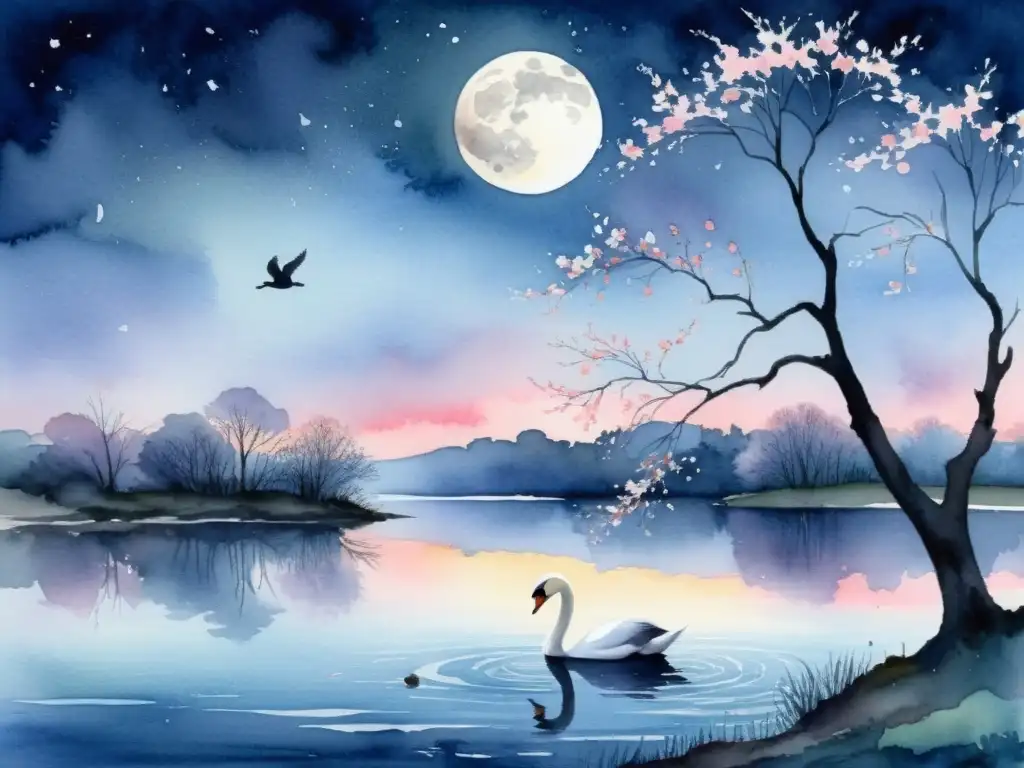 Una pintura acuarela de un lago sereno iluminado por la luna, con árboles en contraste y un cisne, capturando la antítesis en la poesía mundial