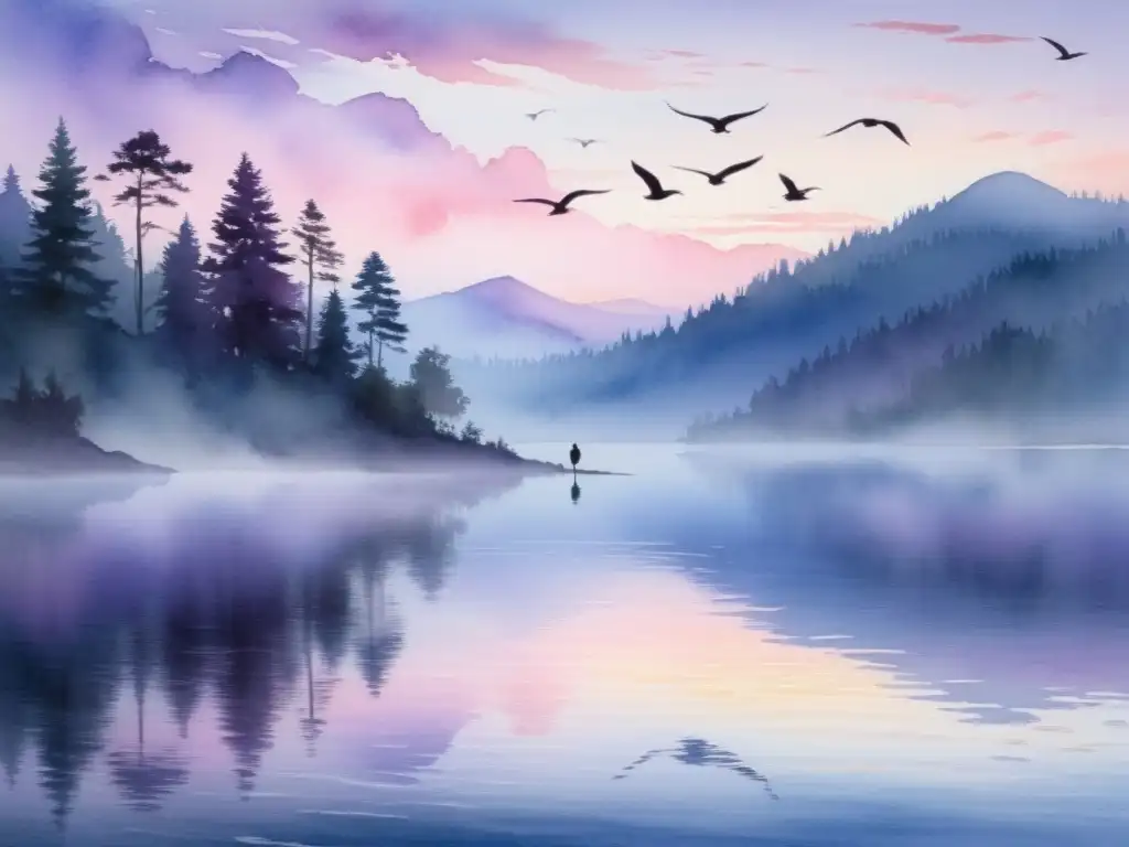 Una pintura acuarela de un lago sereno cubierto de niebla al amanecer, con tonos delicados de rosa y púrpura reflejados en las aguas tranquilas