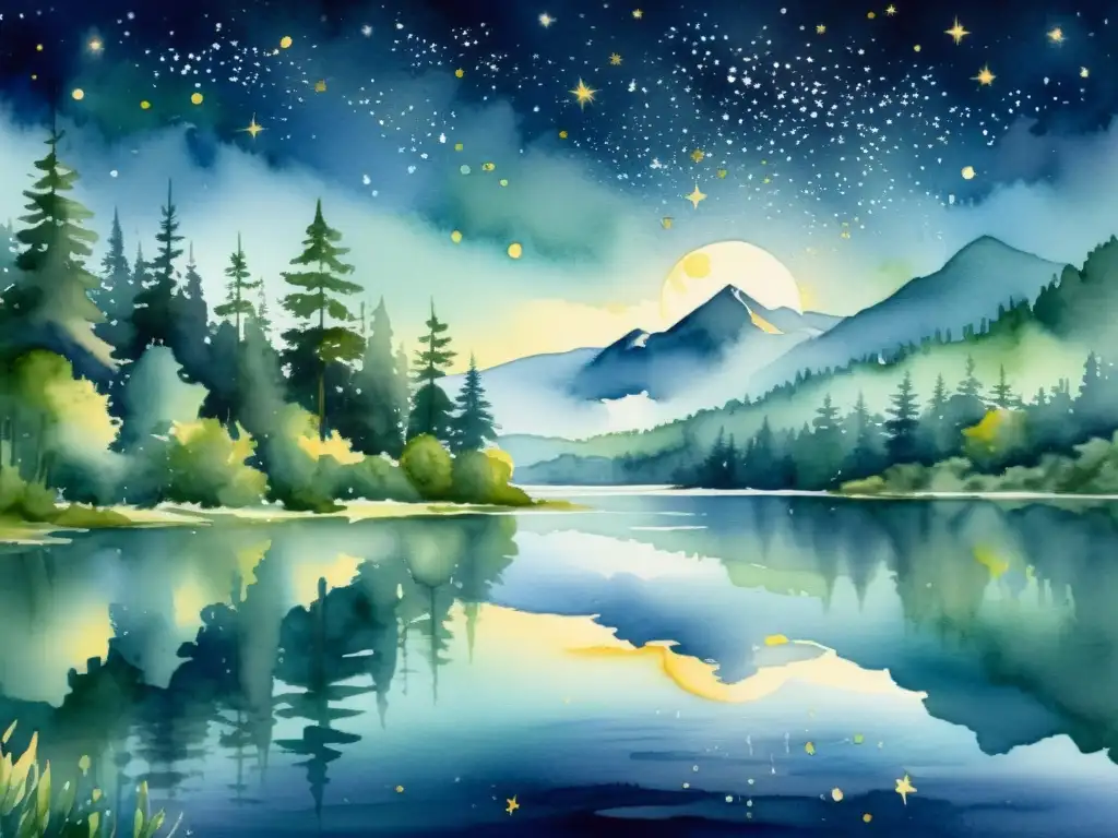 Una pintura acuarela de un lago sereno iluminado por la luna en un bosque denso