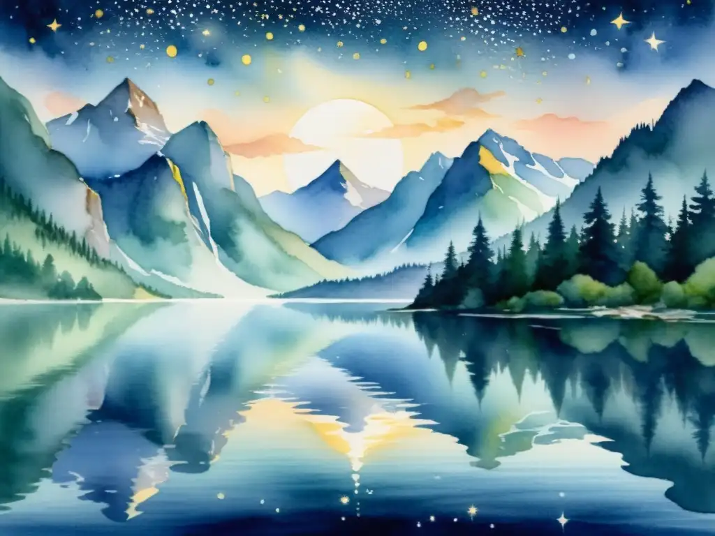 Una pintura acuarela de un lago sereno bajo la luna, reflejando estrellas