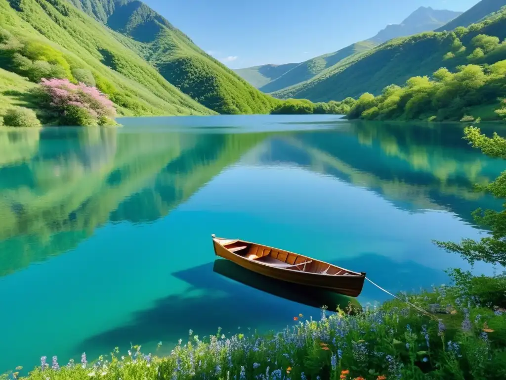 Una pintura acuarela de un lago sereno rodeado de montañas verdes, con un bote de madera en el centro