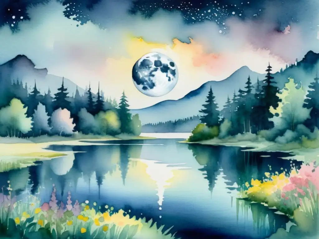 Una pintura acuarela de un lago sereno iluminado por la luna, con una antítesis visual entre un bosque oscuro y un prado vibrante