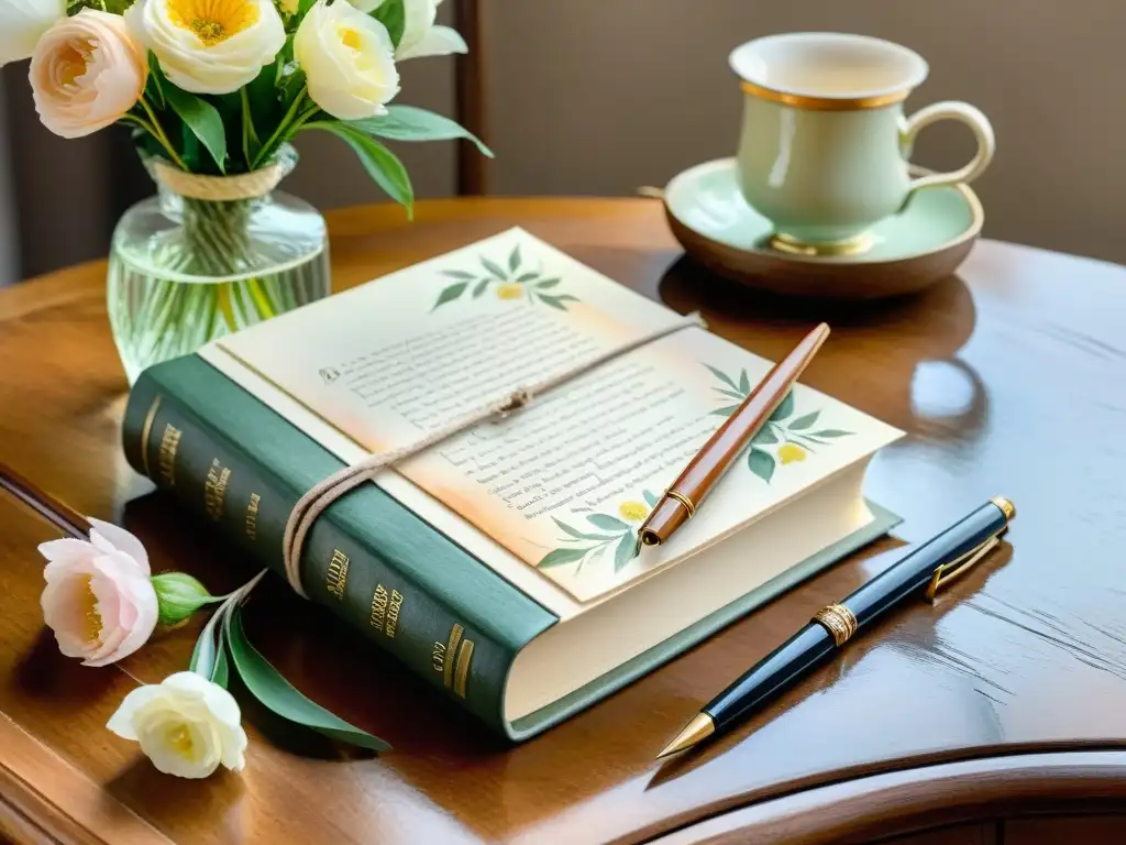 Una pintura acuarela de un libro vintage de poemas clásicos en edición limitada, junto a una pluma y un jarrón de flores, evocando elegancia atemporal