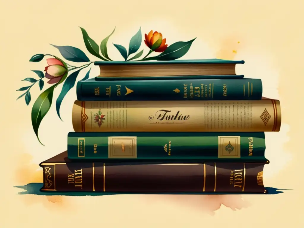 Una pintura acuarela de libros antiguos con patrones florales, evocando nostalgia y sabiduría