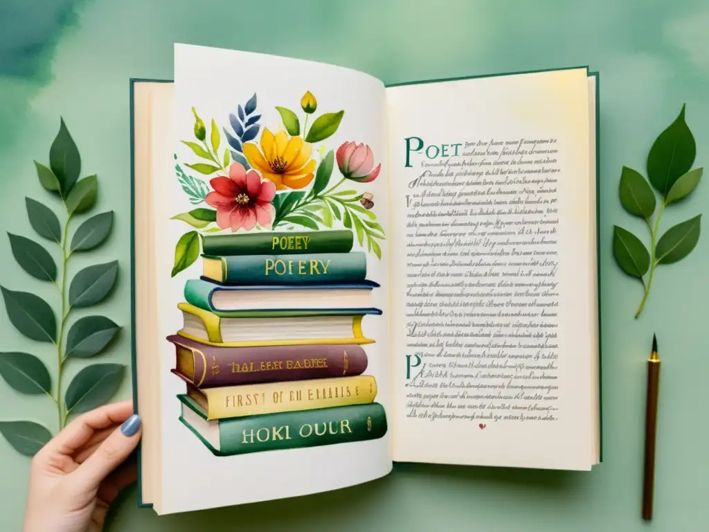 Una pintura acuarela de libros de poesía con prólogos escritos a mano rodeados de ilustraciones florales, transmitiendo serenidad y arte