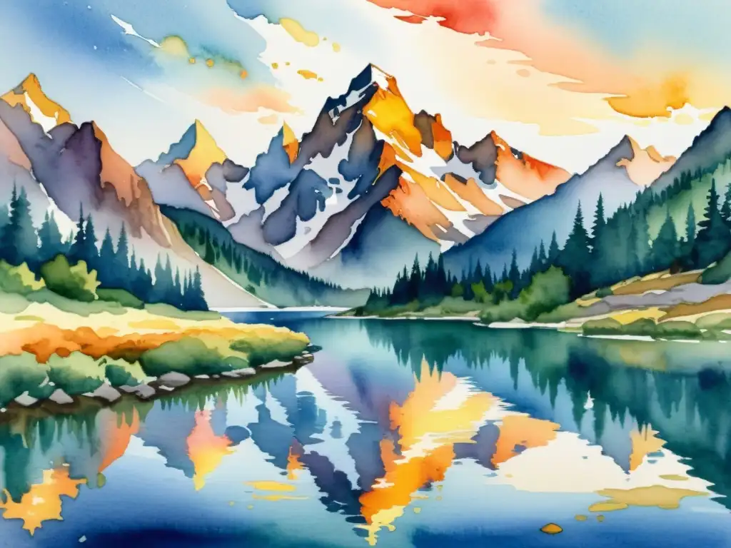 Una pintura en acuarela de una majestuosa cordillera con colores vibrantes y picos imponentes que parecen tocar el cielo