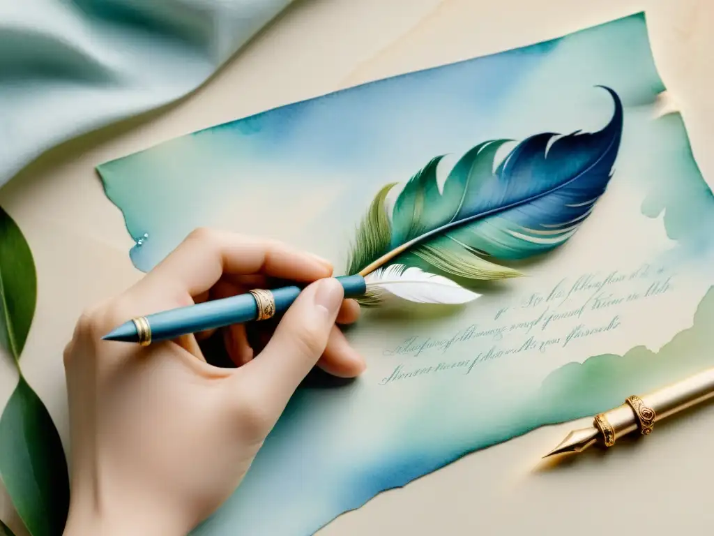 Una pintura acuarela detalla una mano sosteniendo una pluma sobre un pergamino en tonos suaves de azul y verde, evocando un jardín tranquilo