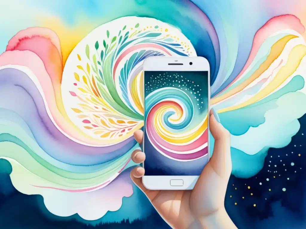 Una pintura acuarela de una mano sosteniendo un smartphone, con poemas en colores vibrantes que flotan en el aire