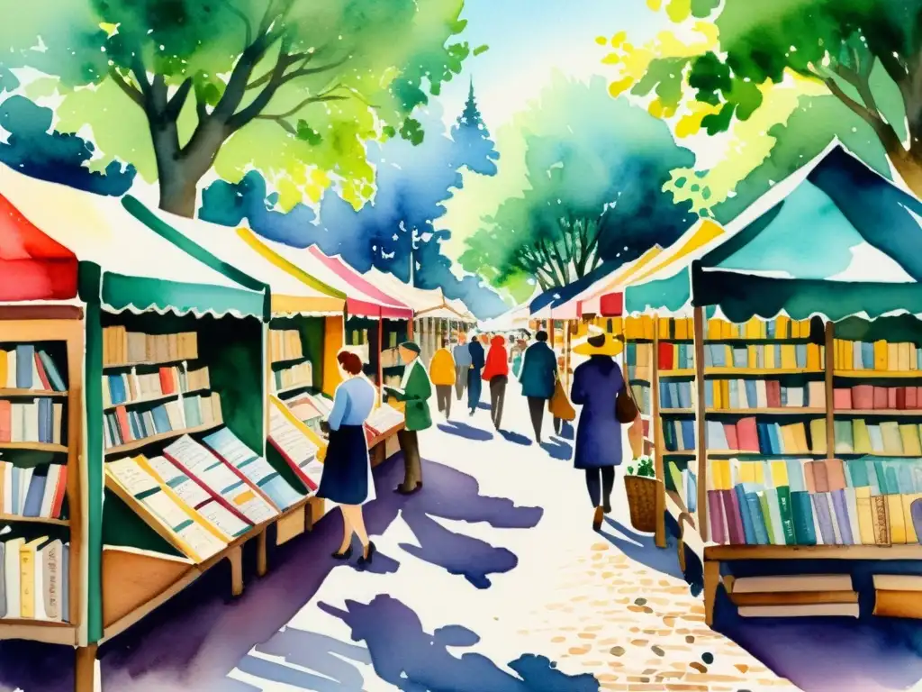 Una pintura acuarela de un mercado de libros vintage, con luz solar entre los árboles y sombras en el camino adoquinado