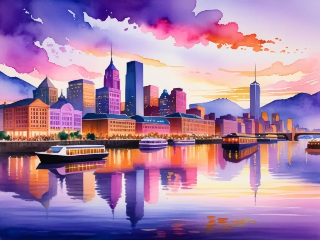 Una pintura acuarela detalla una metrópolis al atardecer, con tonos vibrantes de rosa, morado y naranja