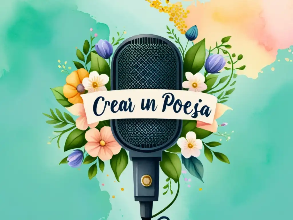 Una pintura acuarela de un micrófono rodeado de flores, con delicadas enredaderas que se entrelazan con las palabras 'Crear un Podcast de Poesía'