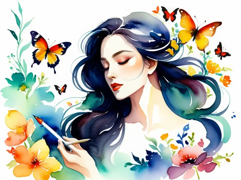 Una pintura acuarela de una mujer sensual y elegante rodeada de flores y mariposas, lista para escribir poesía