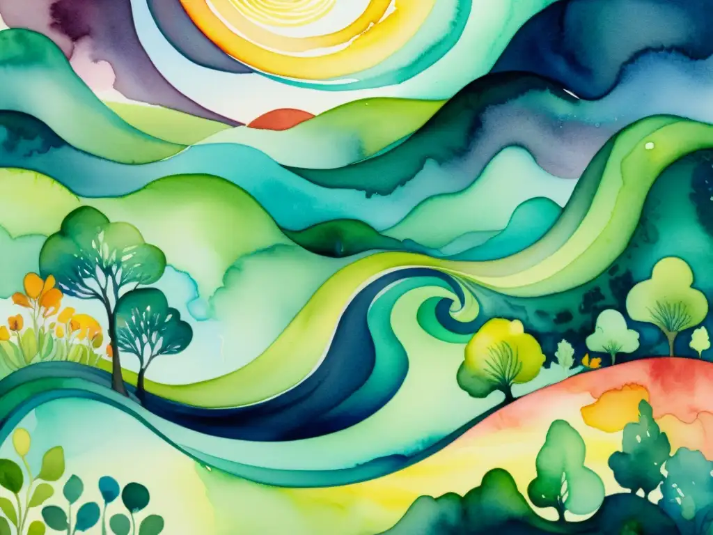 Pintura acuarela de paisaje abstracto: un viaje poético Una pintura en acuarela de un paisaje abstracto vibrante, con formas fluidas y colores contrastantes