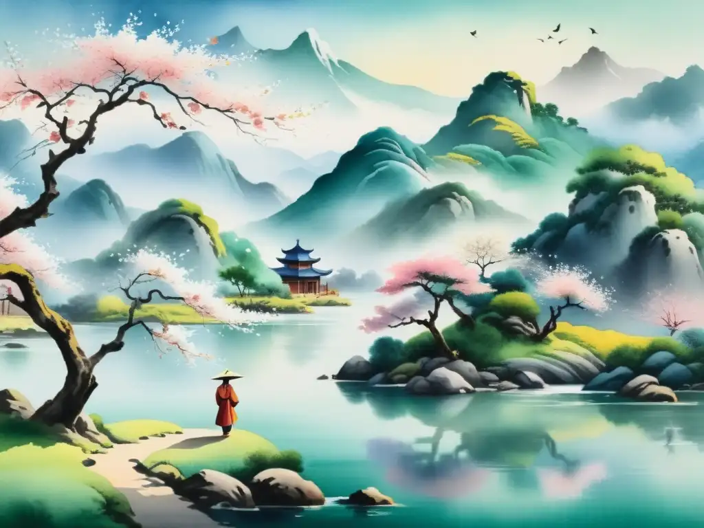 Una pintura acuarela de paisaje chino tradicional con montañas neblinosas, río tranquilo, figura solitaria y cerezo en flor