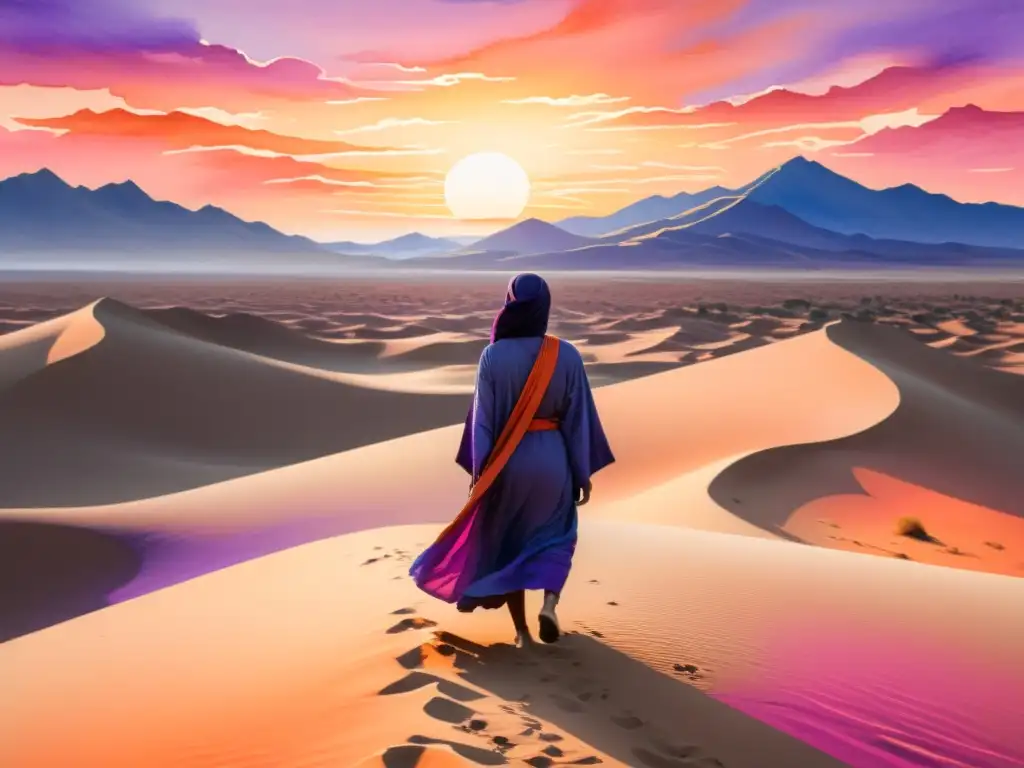 Una pintura acuarela detalla paisaje desértico místico al atardecer con figura solitaria