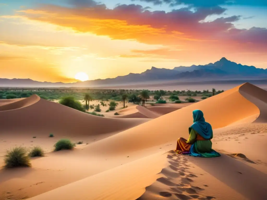 Una pintura acuarela de un paisaje desértico en Marrakech, con un oasis vibrante entre las dunas doradas