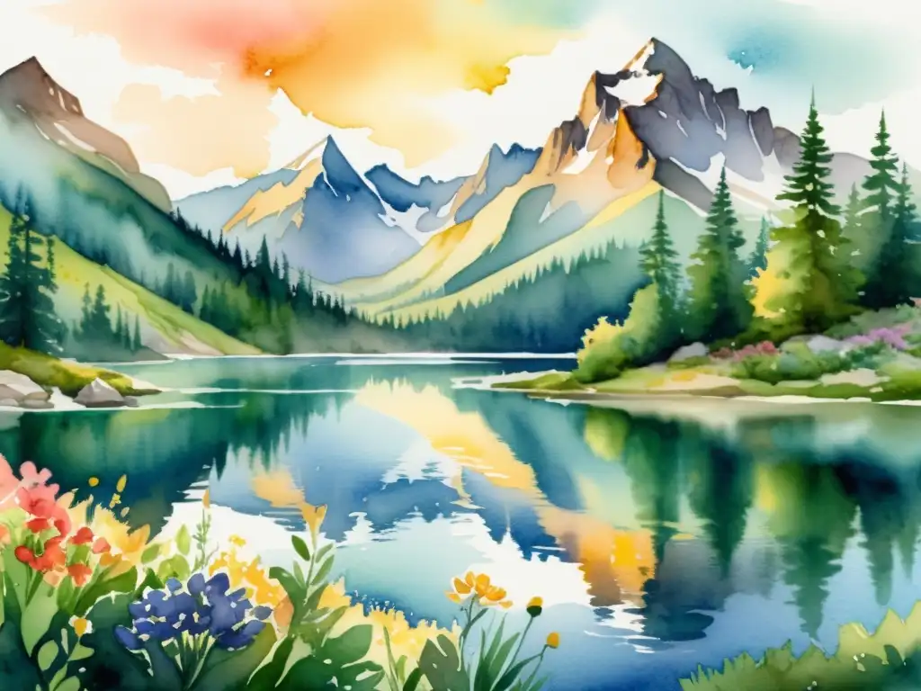 Una pintura en acuarela de un paisaje montañoso majestuoso con flores silvestres vibrantes y un lago claro y reflectante