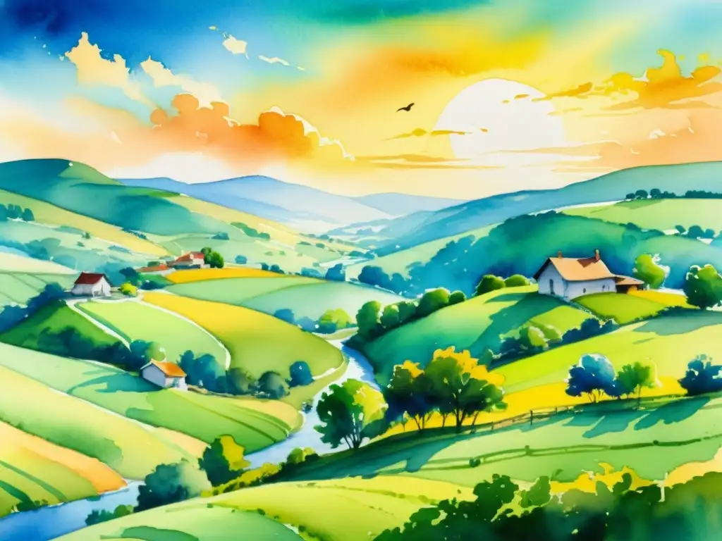 Una pintura acuarela de un paisaje rural pintoresco con campos verdes y un cielo azul vibrante, donde una casa rústica se mezcla con colinas ondulantes y un río serpenteante, todo bañado por una cálida luz dorada y el vuelo de aves,