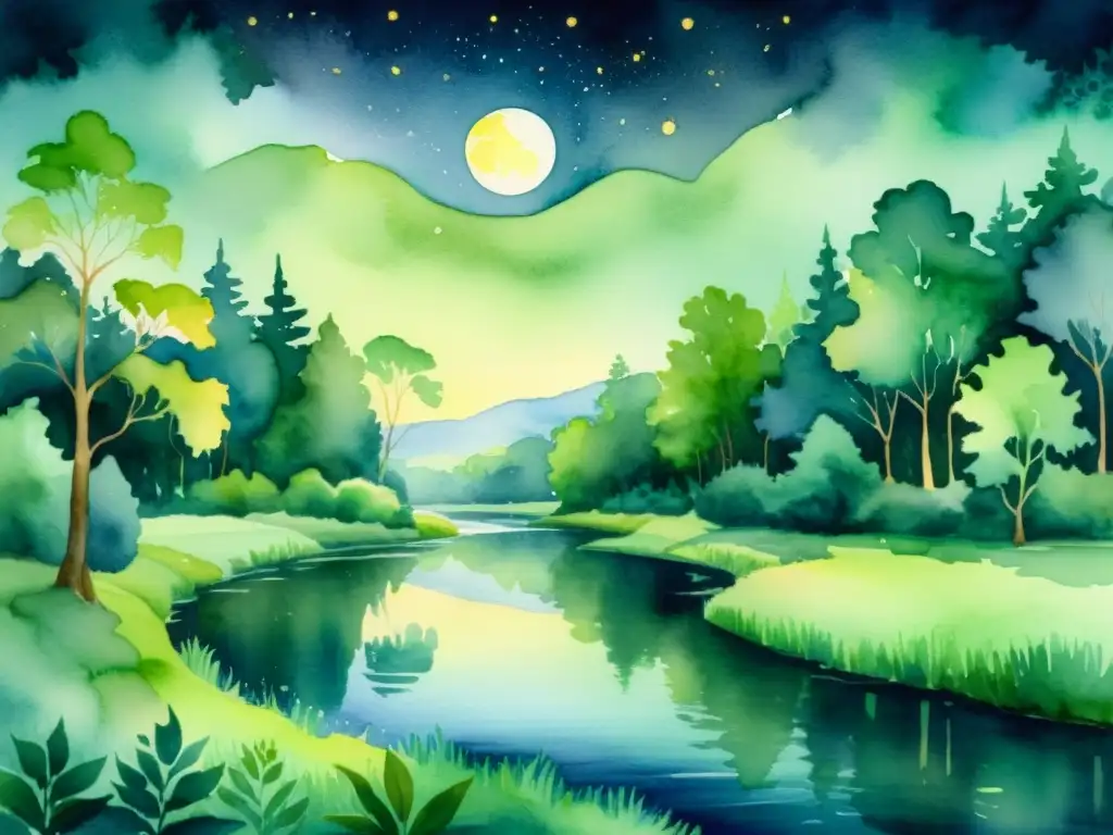 Una pintura acuarela de un paisaje sereno y etéreo iluminado por la luna, con río y bosque exuberante