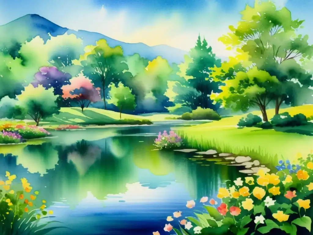 Una pintura acuarela de un paisaje sereno con un estanque tranquilo rodeado de árboles verdes y flores coloridas