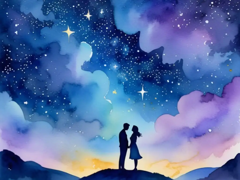 Una pintura acuarela de una pareja abrazada bajo un cielo estrellado, con tonos vibrantes de azul, morado y dorado creando una atmósfera romántica