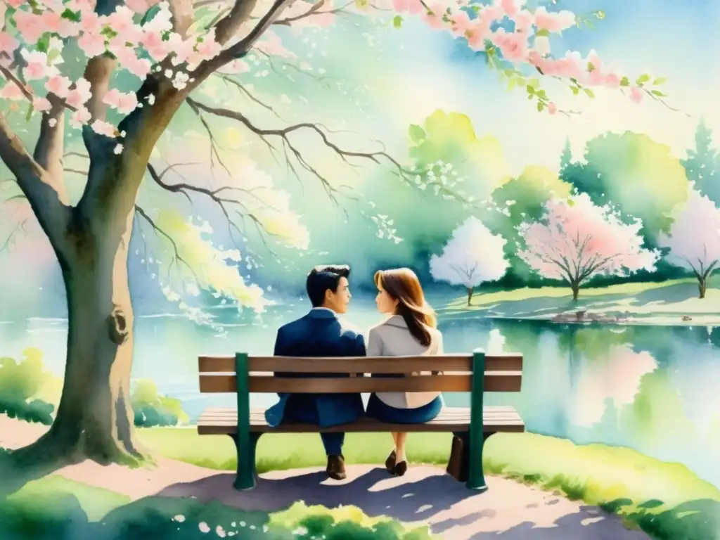 Una pintura acuarela de una pareja en un banco del parque rodeada de cerezos en flor