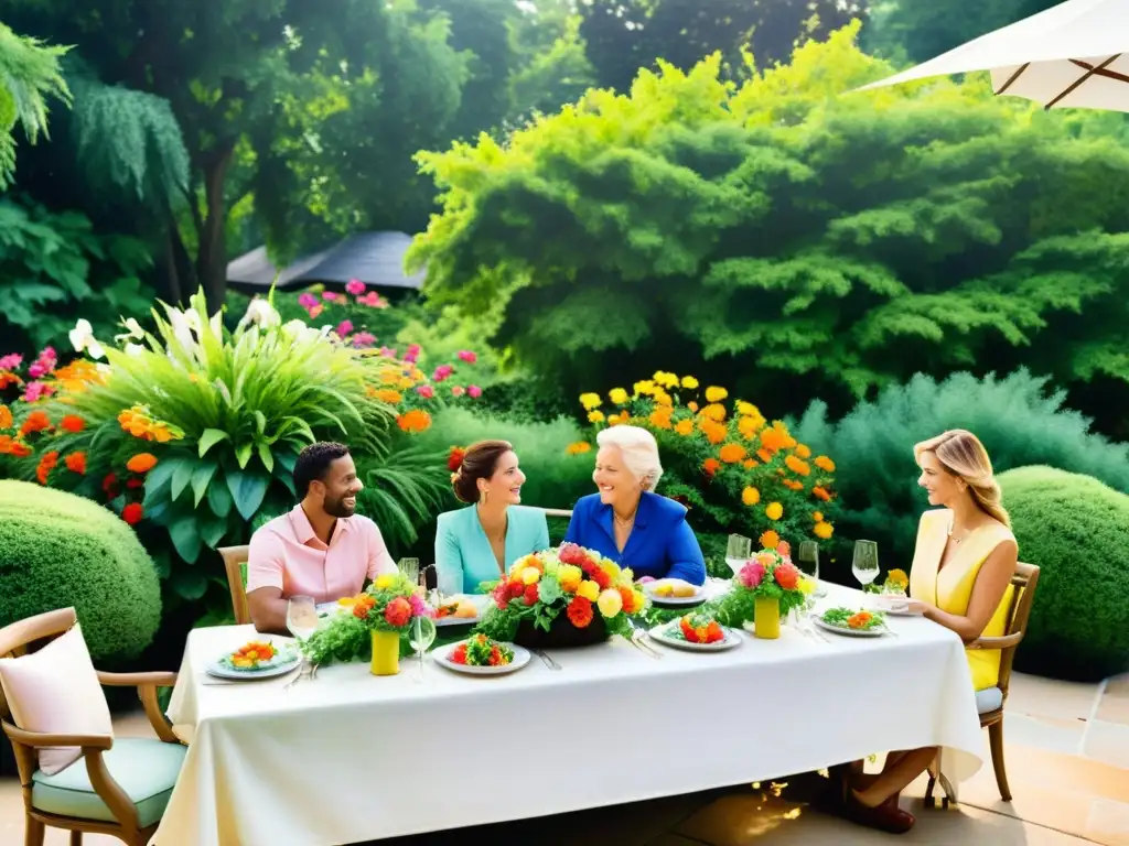 Una pintura acuarela de un patio al aire libre con una mesa larga y elegante, rodeada de exuberante vegetación y flores vibrantes