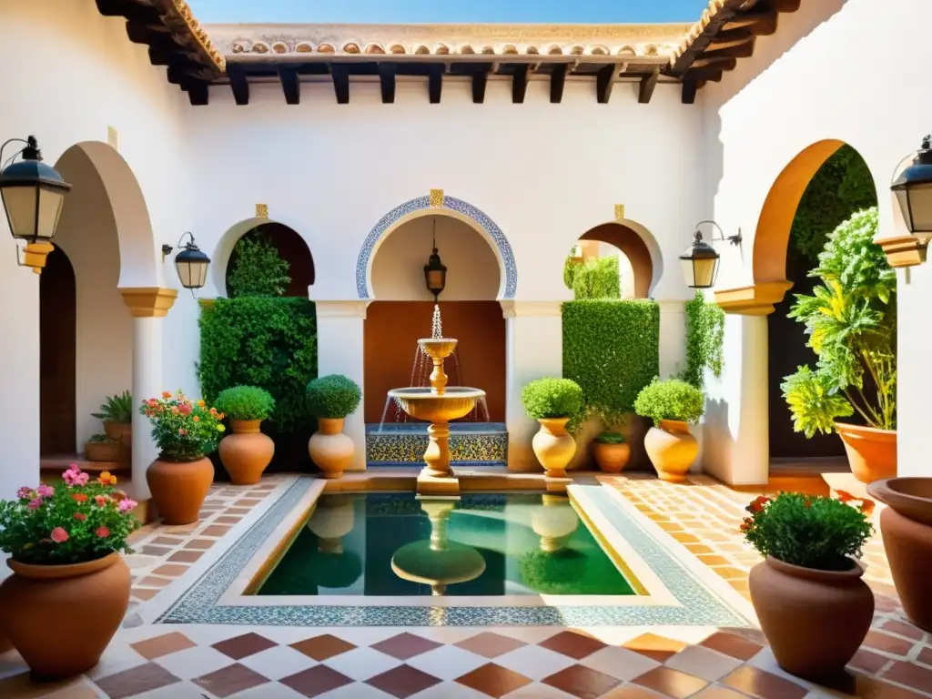 Una pintura acuarela de un patio andaluz con flores vibrantes, azulejos ornamentados y una fuente, evocando las formas poéticas de alÁndalus