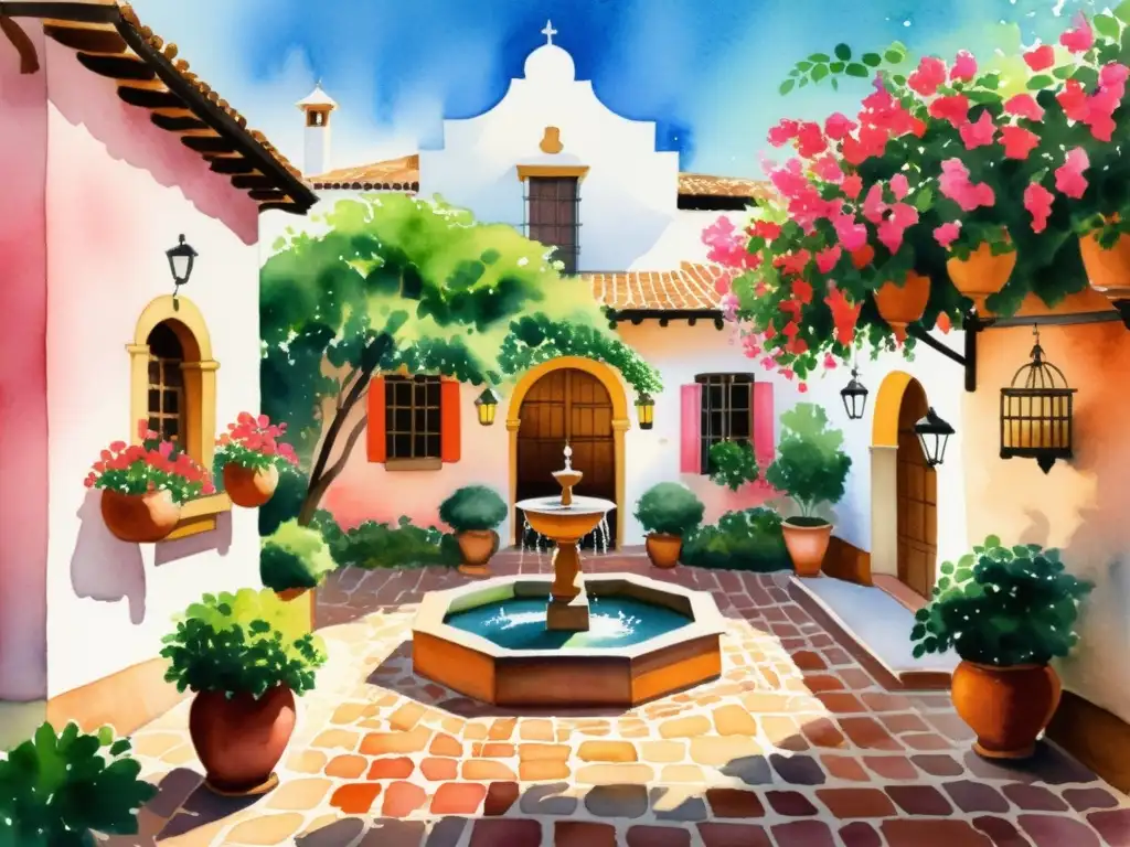 Una pintura acuarela de un patio clásico español, con flores rojas y rosas de bougainvillea, una fuente serena y exuberante vegetación