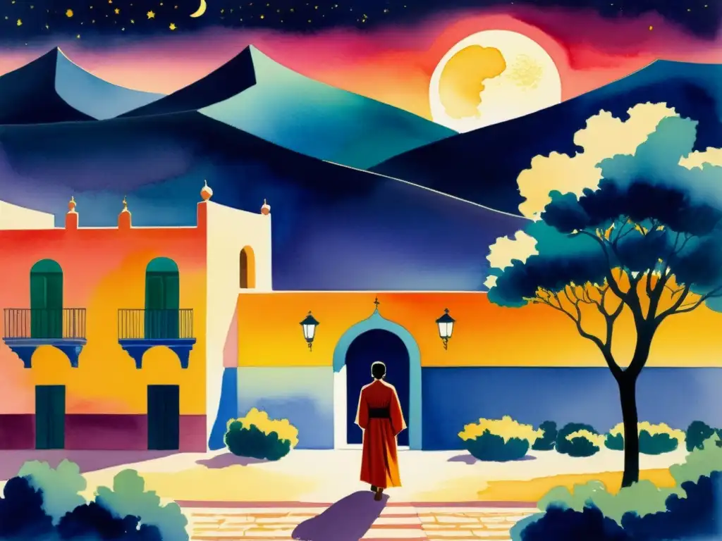 Una pintura acuarela de un patio iluminado por la luna, inspirada en el 'Romance Sonámbulo' de Lorca