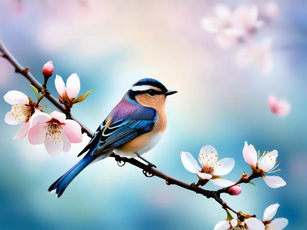 Acuarela de pájaro y cerezos en flor Una pintura acuarela de un pequeño pájaro en una rama de árbol rodeado de delicadas flores de cerezo en plena floración