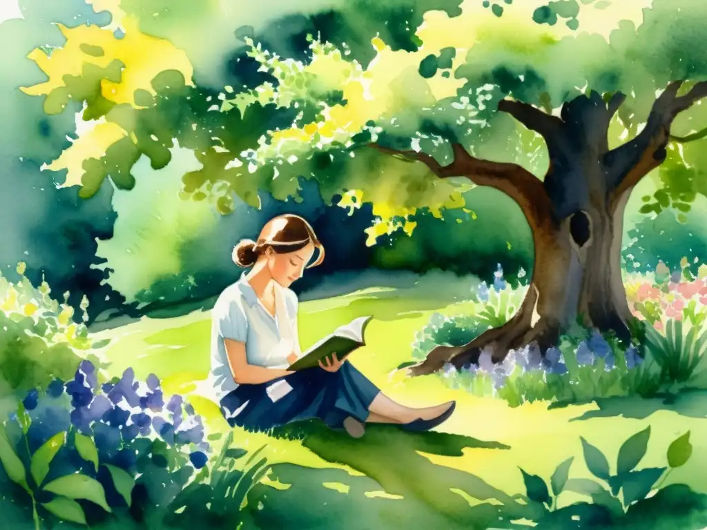 Una pintura acuarela de una persona leyendo poesía en un jardín tranquilo rodeado de flores