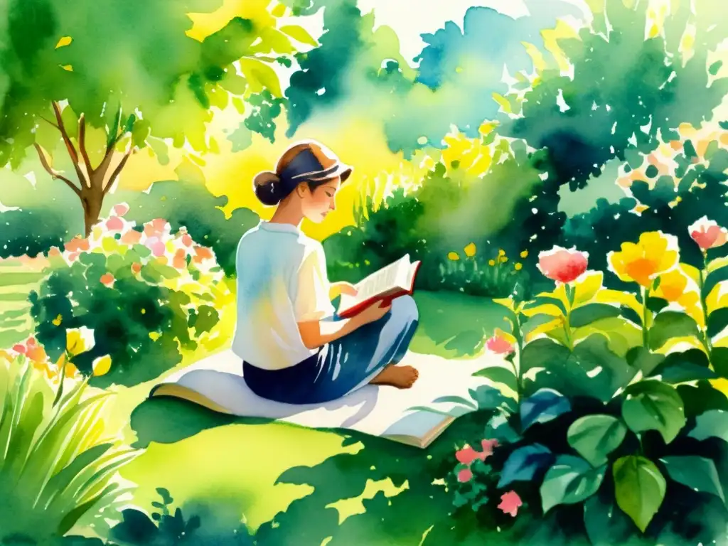 Una pintura acuarela de una persona en un jardín tranquilo, leyendo poesía entre flores vibrantes y exuberante vegetación