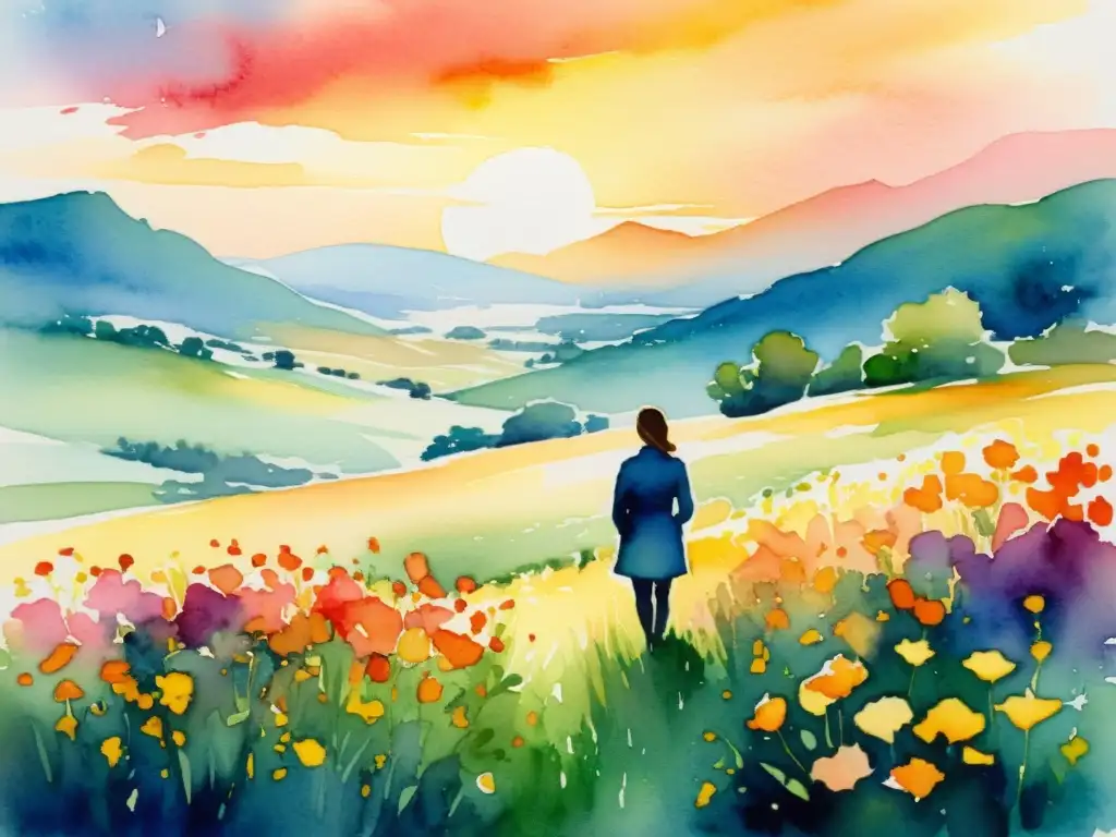 Una pintura al acuarela de un personaje solitario en un campo de flores vibrantes, con un cálido resplandor dorado del atardecer