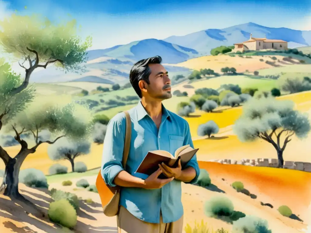 Miguel Hernández poeta canto libertad: Pintura acuarela del poeta en el campo, rodeado de olivos, cielo azul y su libro de poesía