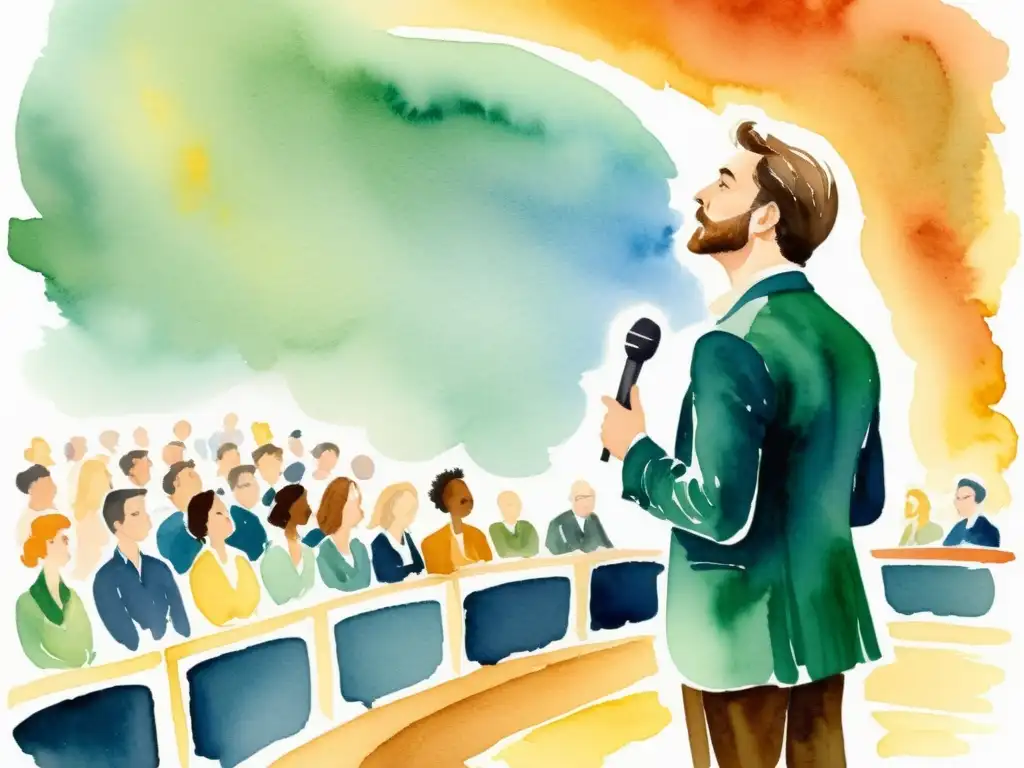 Una pintura en acuarela de un poeta recitando apasionadamente en el escenario, cautivando al público con storytelling en la poesía