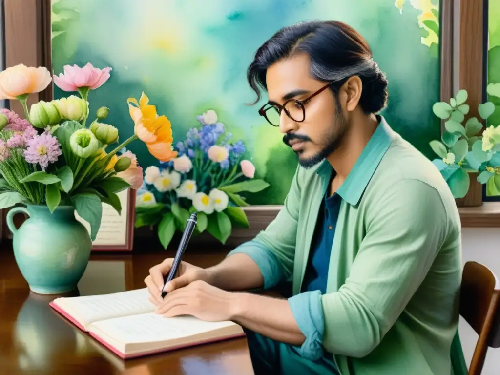 Una pintura acuarela de un poeta rodeado de flores vibrantes, concentrado en escribir versos