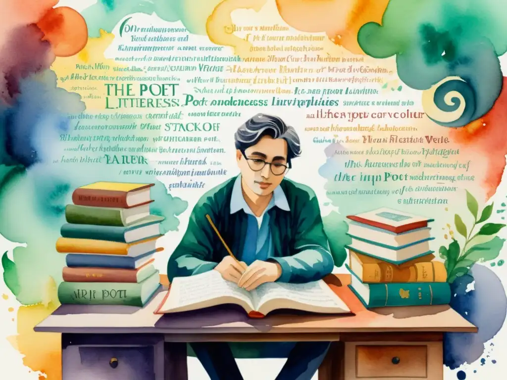 Una pintura acuarela de un poeta rodeado de libros, palabras en diferentes idiomas y colores vibrantes, evocando la intertextualidad en la poesía