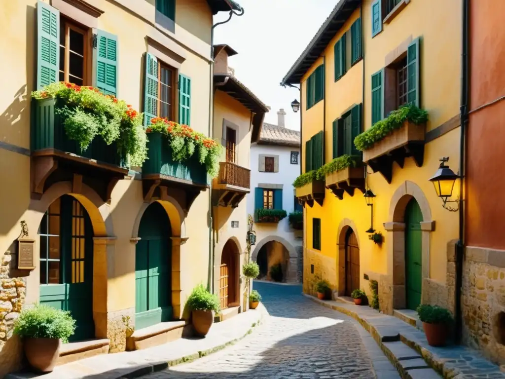 Una pintura acuarela de un pueblo medieval español, con calles empedradas y edificios tradicionales