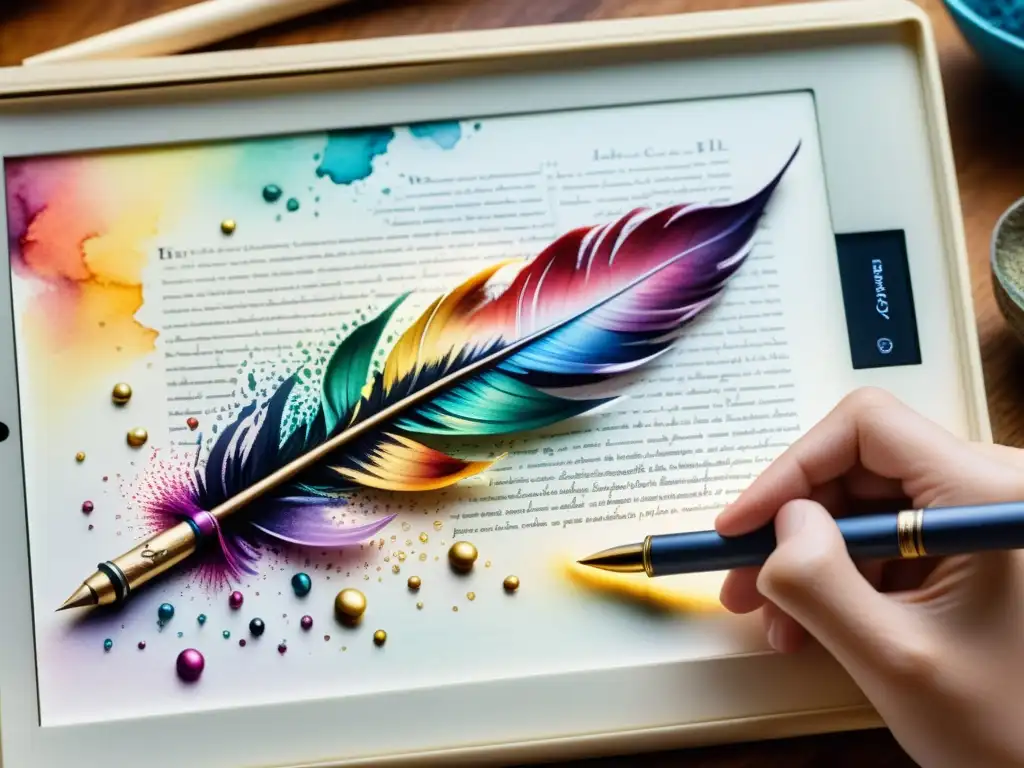 Una pintura acuarela de alta resolución muestra una pluma tradicional y una tableta moderna, fusionando lo antiguo y lo nuevo en la adaptación de poemas para contenido digital