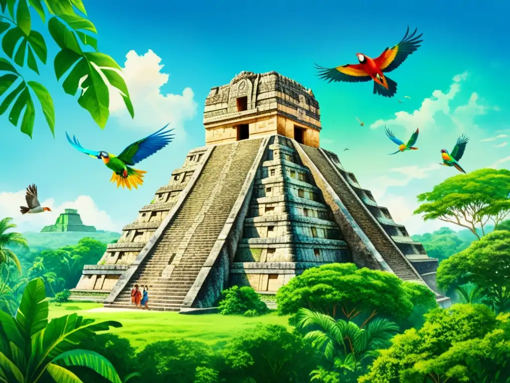 Una pintura acuarela de alta resolución de ruinas de un templo maya rodeado de exuberante selva verde, loros vibrantes volando y cielo azul claro