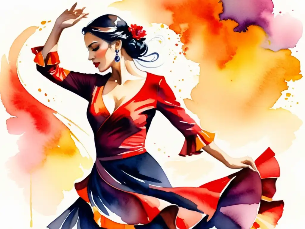 Una pintura acuarela de una sensual bailarina de flamenco, con su vestido ondeando al compás de su gracia apasionada