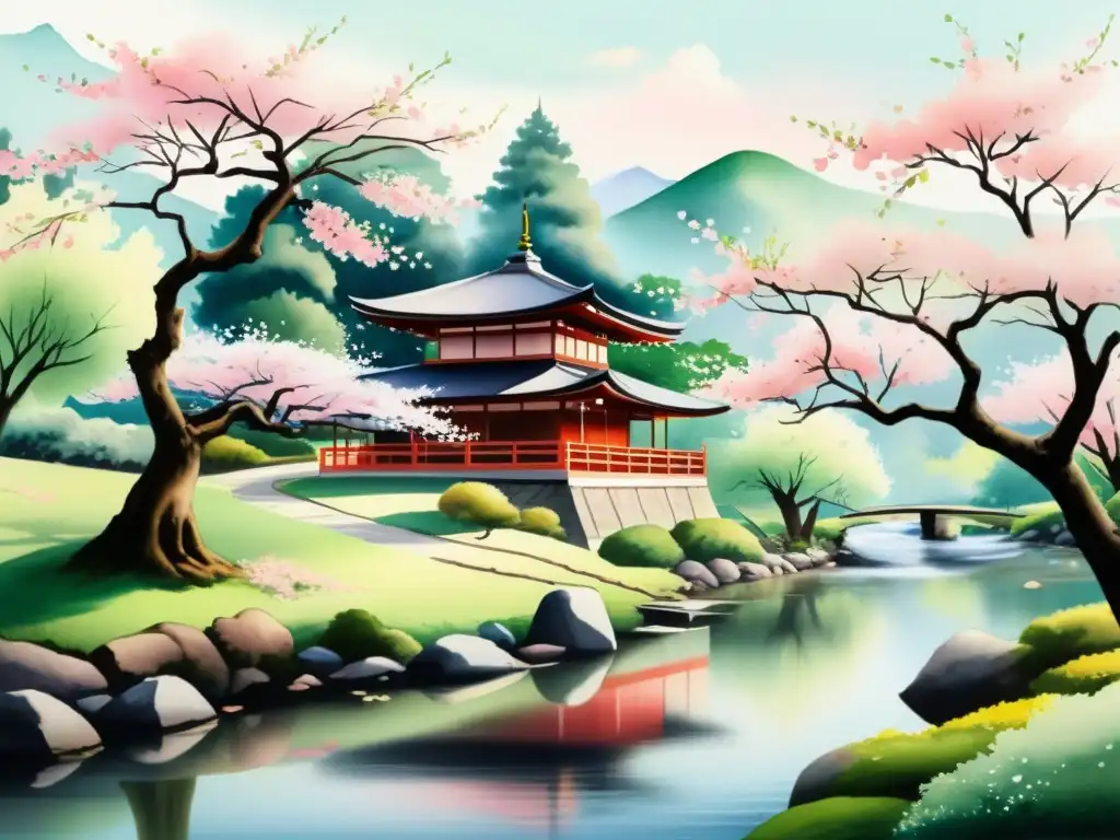 Una pintura acuarela serena de una casa de té japonesa tradicional entre árboles de cerezo, con un arroyo serpenteante