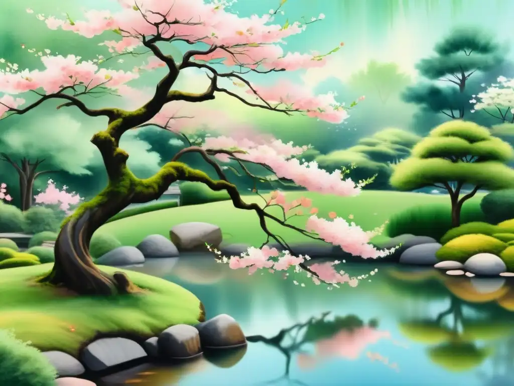 Una pintura acuarela serena de un cerezo en floración en un jardín japonés, reflejando la belleza y tranquilidad del haiku japonés