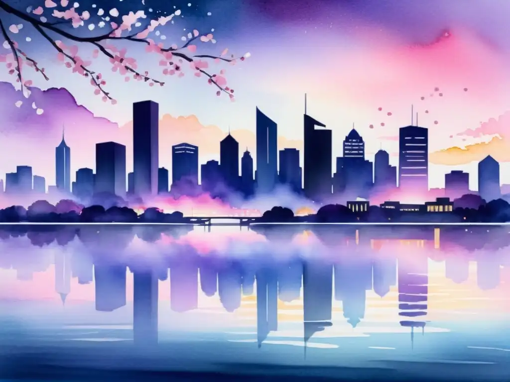 Una pintura acuarela serena de una ciudad futurista al anochecer, con luces de neón reflejándose en el río