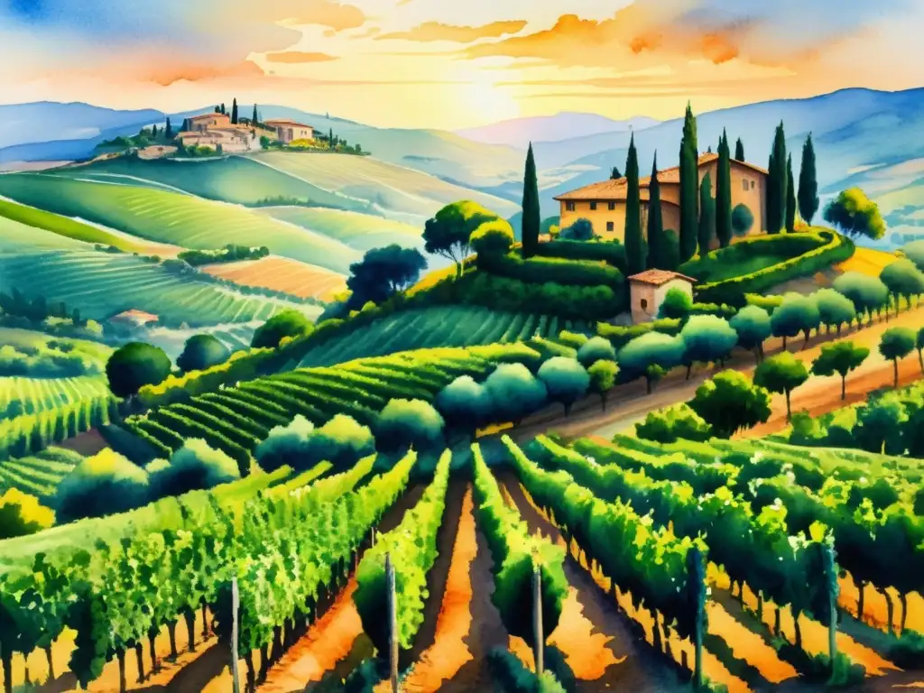 Una pintura acuarela serena de un exuberante viñedo en las colinas de la Toscana, Italia