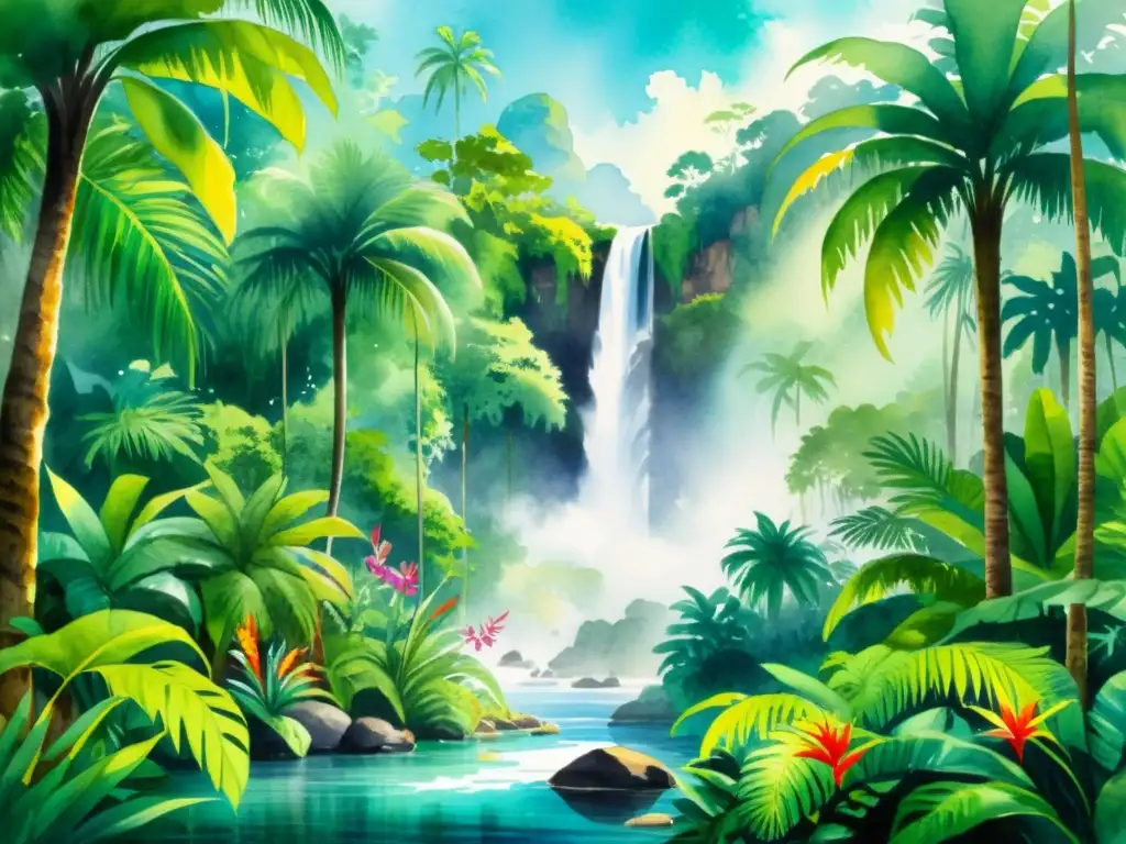 Una pintura acuarela serena de un exuberante bosque tropical con flores exóticas, palmeras altas y una cascada majestuosa