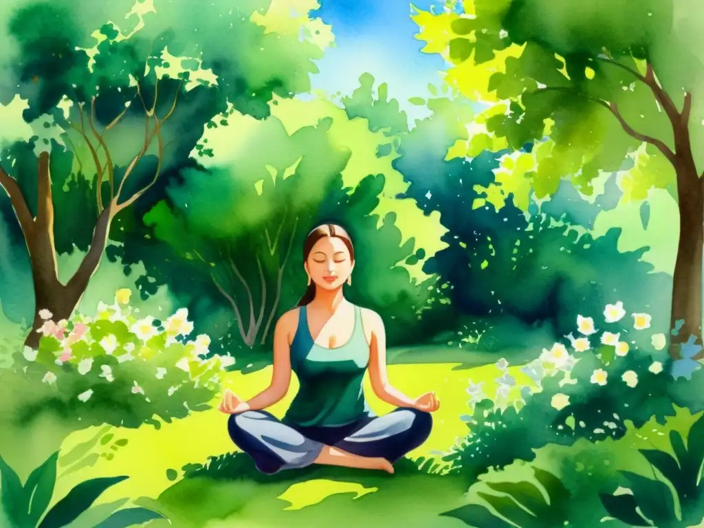 Una pintura acuarela serena de meditación entre exuberante vegetación y flores, con luz suave filtrándose entre las hojas