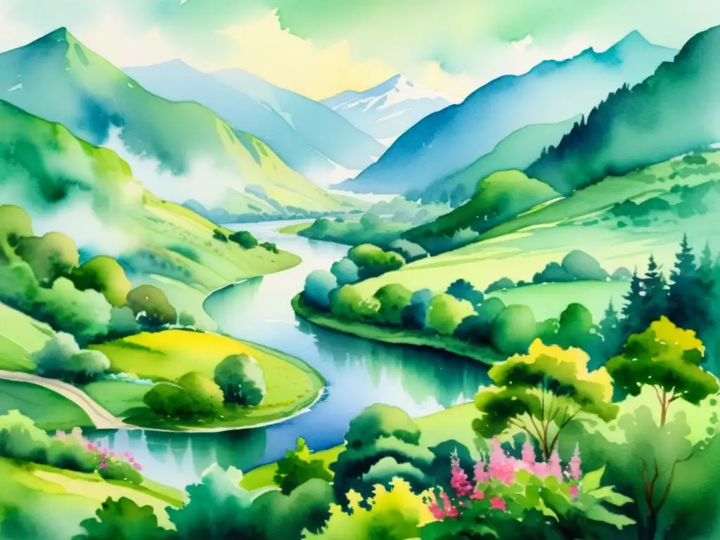 Una pintura acuarela serena de un exuberante paisaje con un río tranquilo serpenteando